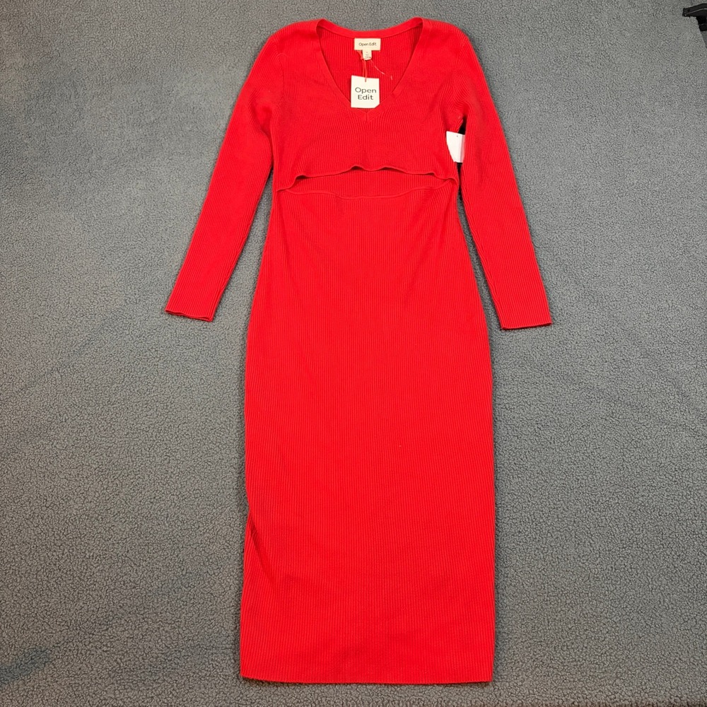 Open Edit Dress Women L Red Ribbed Cutout V-Neck Long Sleeve Midi ED463470MI